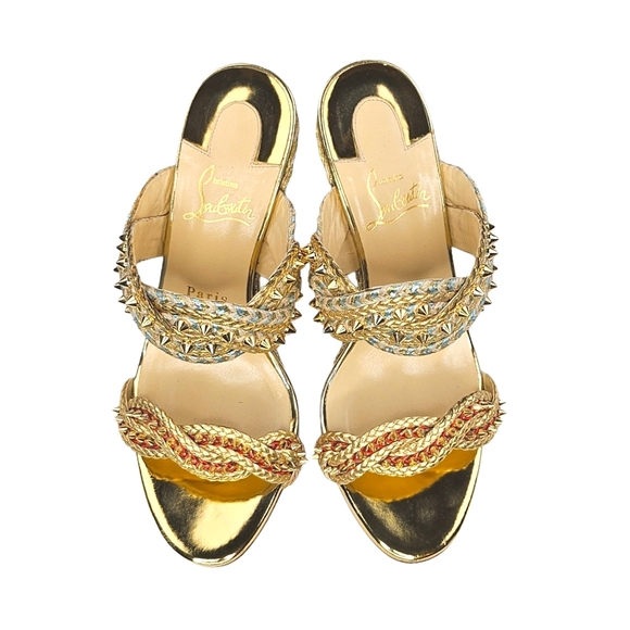 CHRISTIAN LOUBOUTIN Braided Gold-Studded Leather Wedge Sandals - Picture 4 of 13